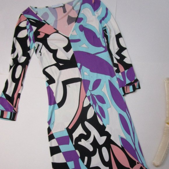 Rayon Dress Retired Bright Graphic Abstract Print Border Italy - Picture 5 of 13